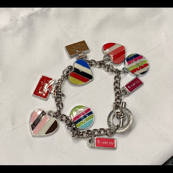 Coach Hearts charm bracelet in silver tone with vibrant, colorful charms. - Picture 8 of 10